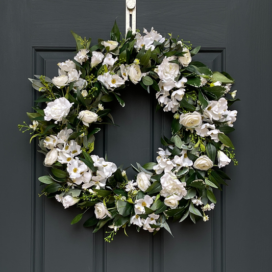 White & Green Dogwood, Ranunculus, and Eucalyptus Wreath