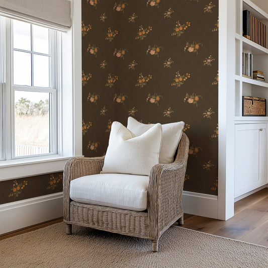 Vintage Heirloom Floral Bouquet Wallpaper - Chocolate Brown Background