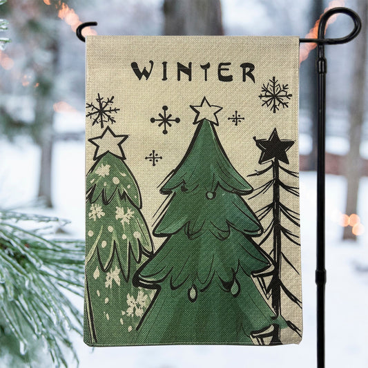 Winter Christmas Trees Garden Flag featuring whimsical evergreen trees and snowflakes.