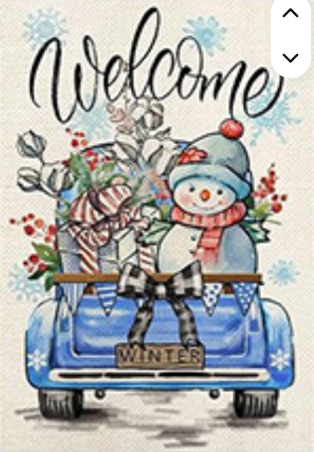 Welcome Garden Flags Truck Series of 12 featuring a winter scene with a snowman and gifts in a blue truck.
