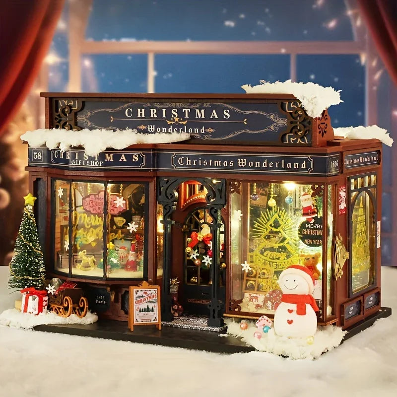 Wooden Christmas House Mini Model Kit Handcrafted