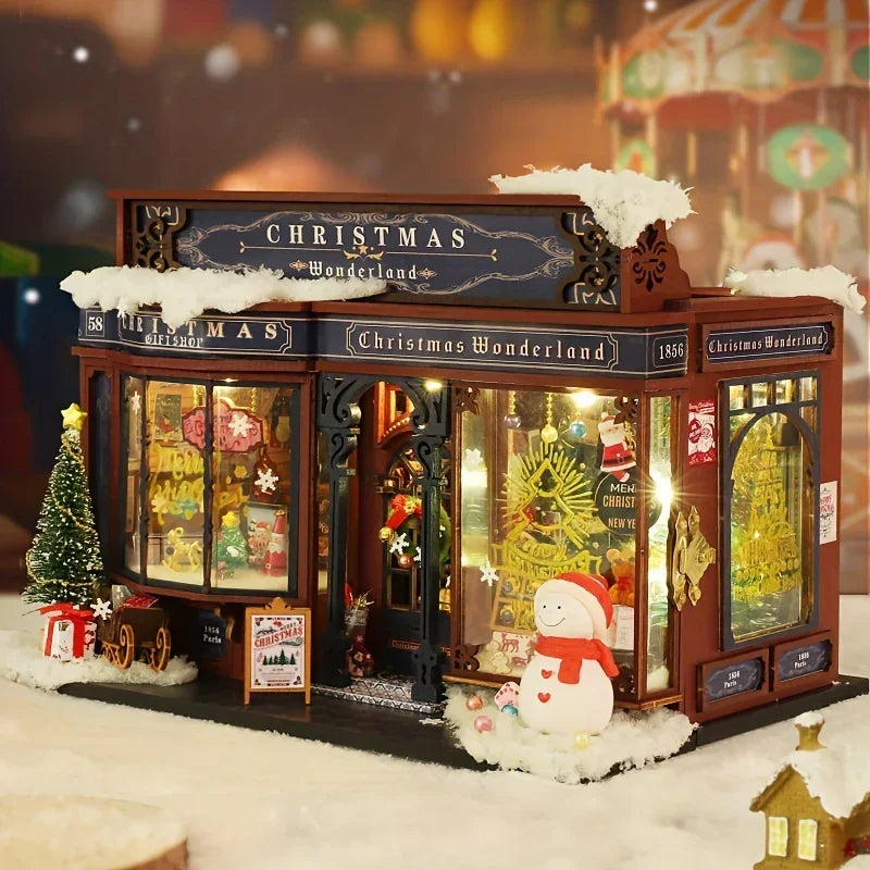 Wooden Christmas House Mini Model Kit Handcrafted