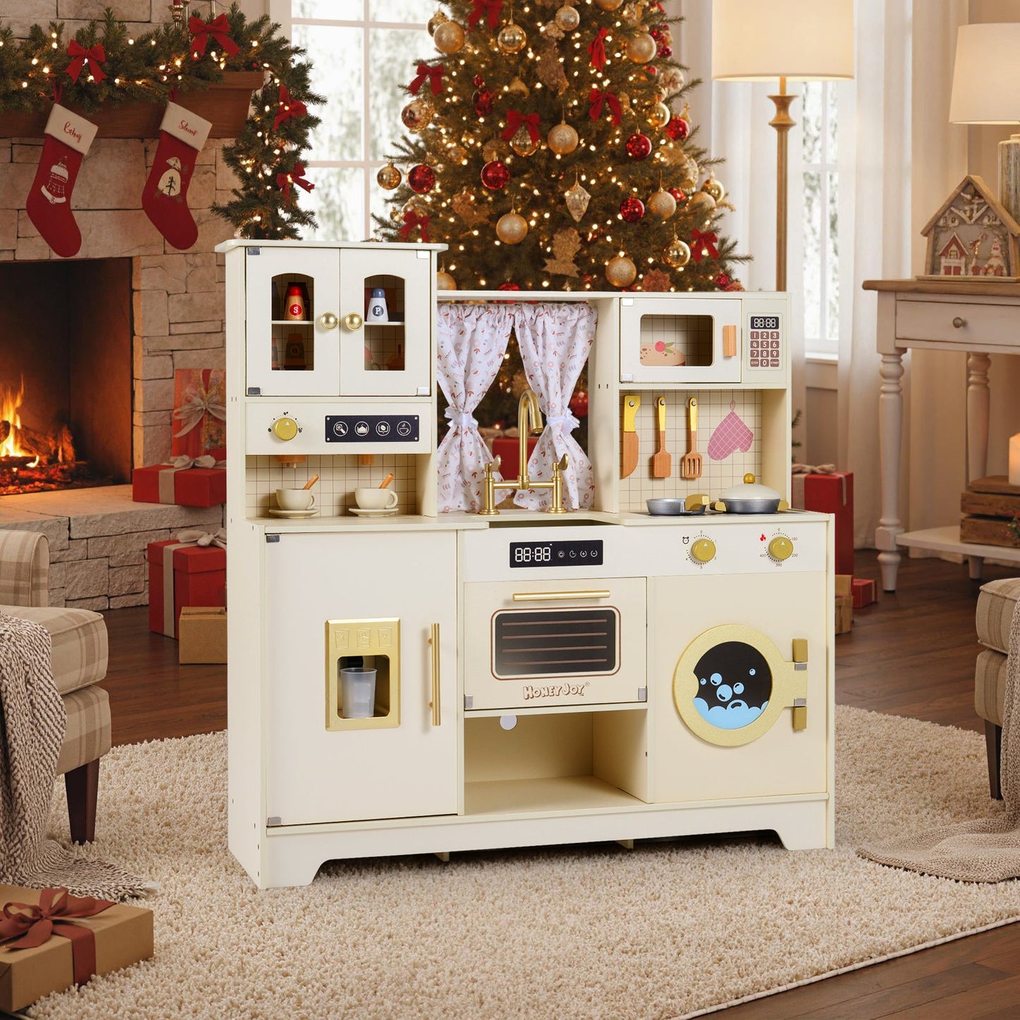 Wooden Toy Kitchen Playset with 14 Accessories for Aged 3+ Years-Beige