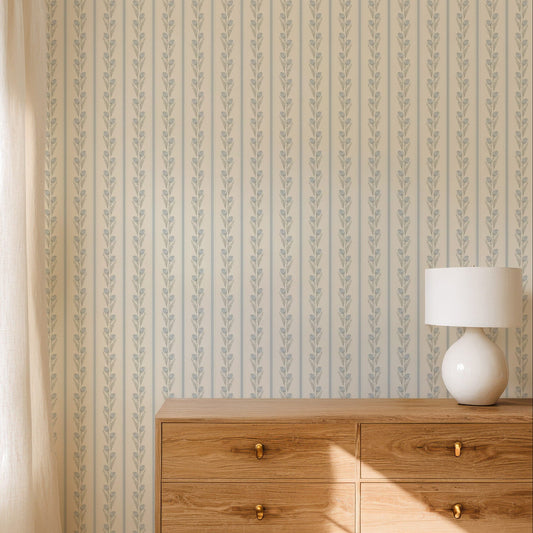 Cream and Blue Vintage Tulip Stripe Wallpaper