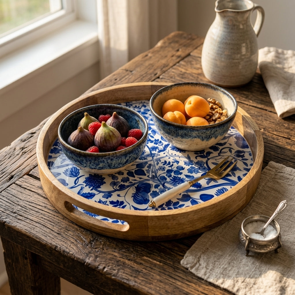 Round Blue Mango Wood Serving Tray