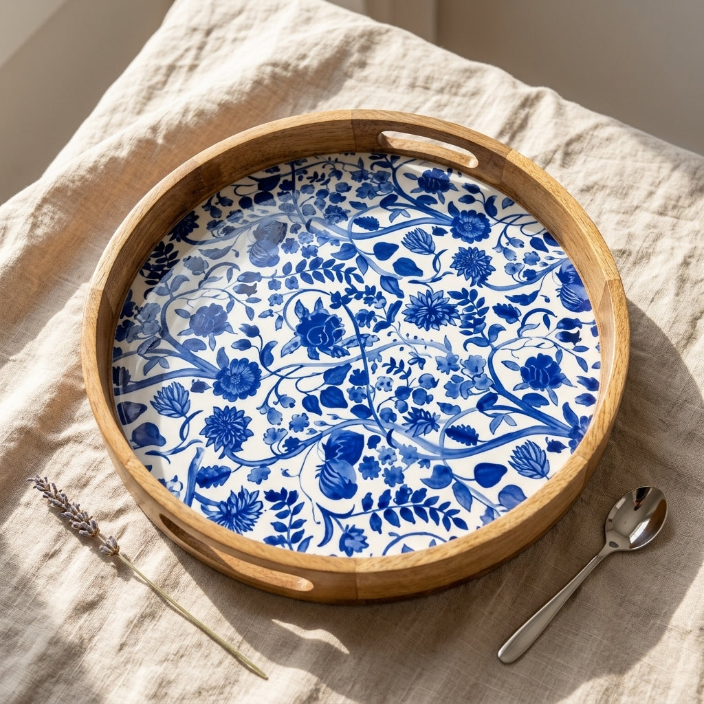 Round Blue Mango Wood Serving Tray