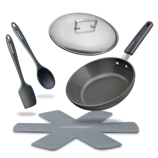 MASTERPAN Ceramic Nonstick Stovetop Oven Frypan & Skillet with Stainless Steel Lid & Utensils, Grey 9.5" (24cm)