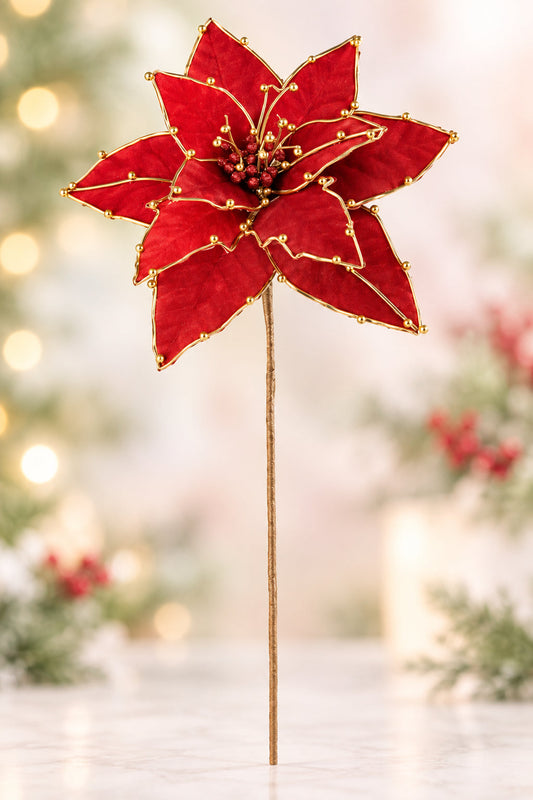 21" Red Velvet Poinsettia Stem w/ Gold Trim