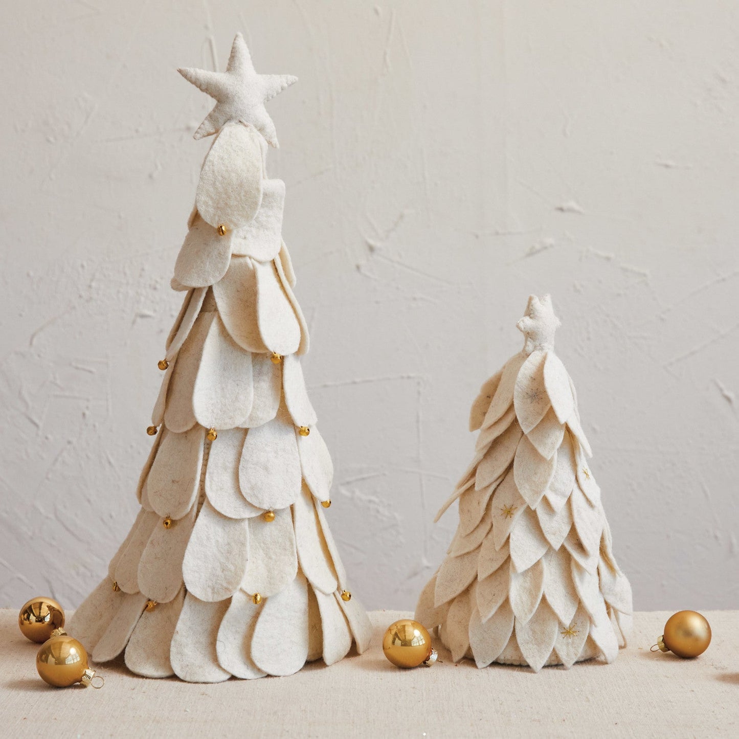 Cream Handmade Wool Felt Christmas Trees with Star & Gold Jingle Bells