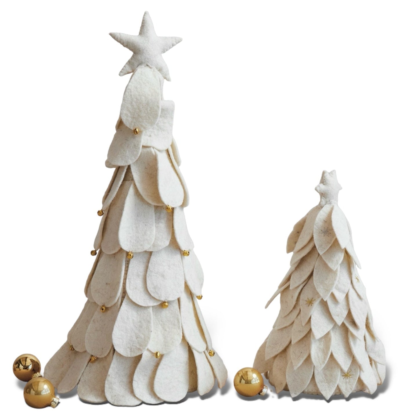 Cream Handmade Wool Felt Christmas Trees with Star & Gold Jingle Bells