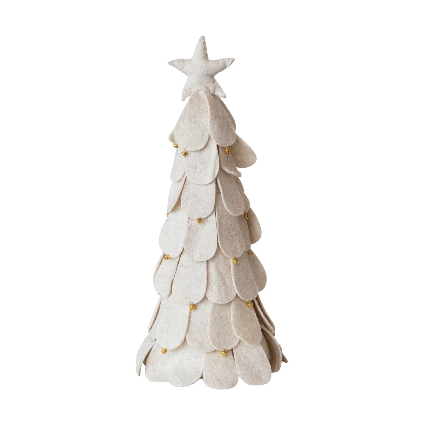 Cream Handmade Wool Felt Christmas Trees with Star & Gold Jingle Bells