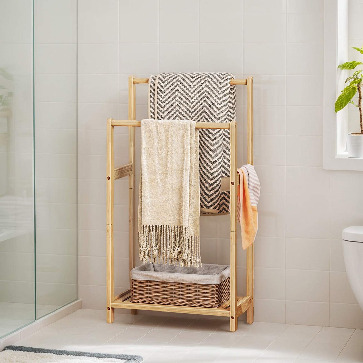 freestanding towel rack for bathroom with Storage - natural color