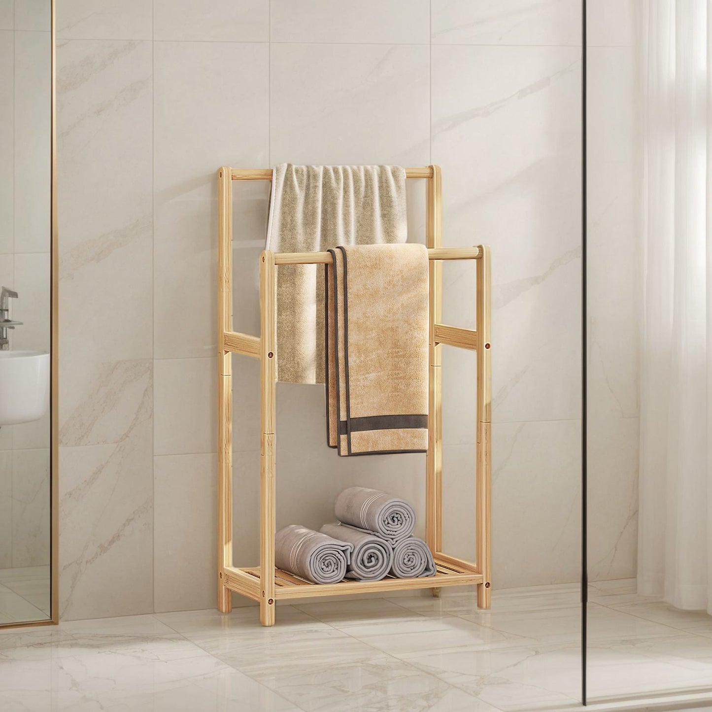 freestanding towel rack for bathroom with Storage - natural color