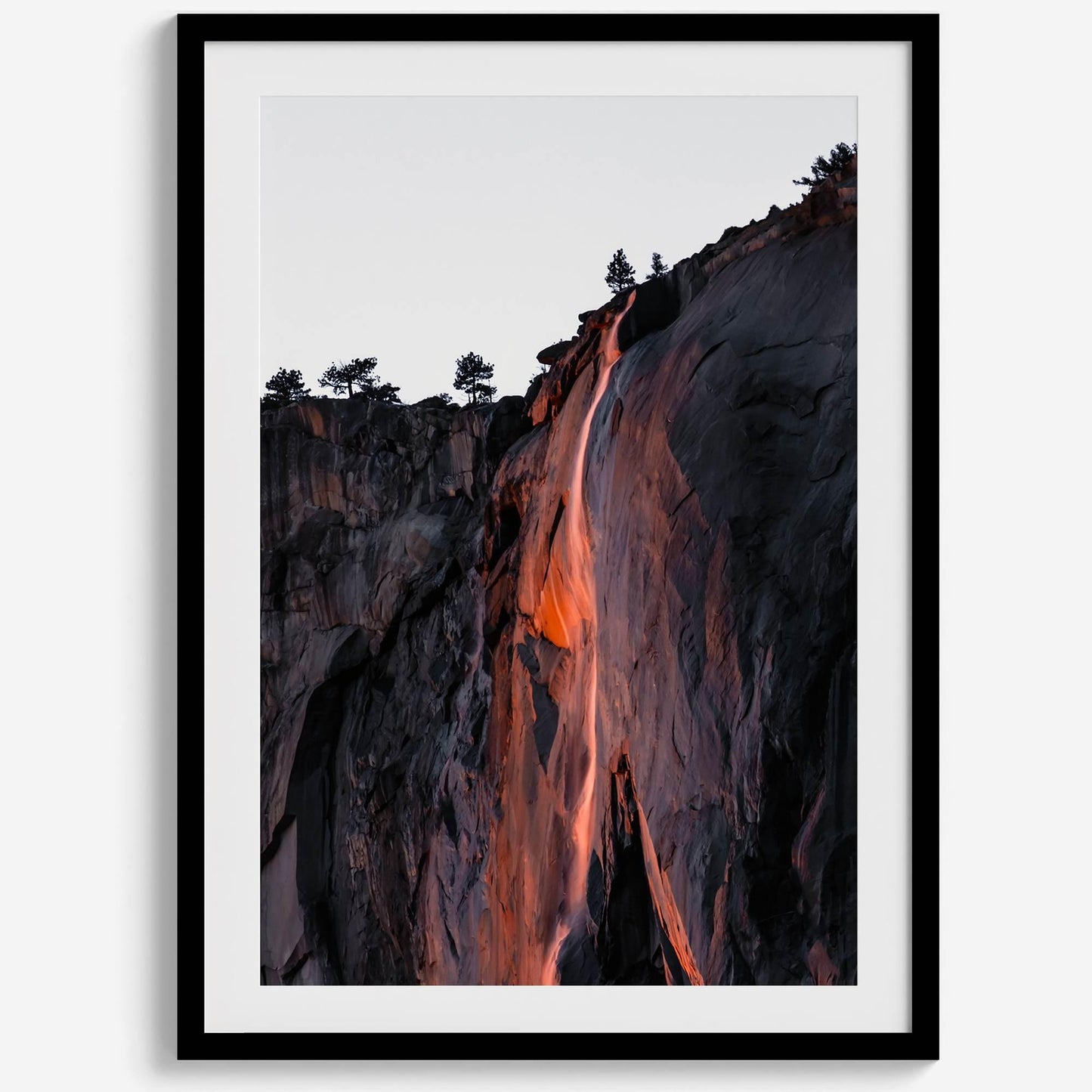 Yosemite Firefall premium framed poster, Horsetail Falls glowing orange like fire in Yosemite National Park.