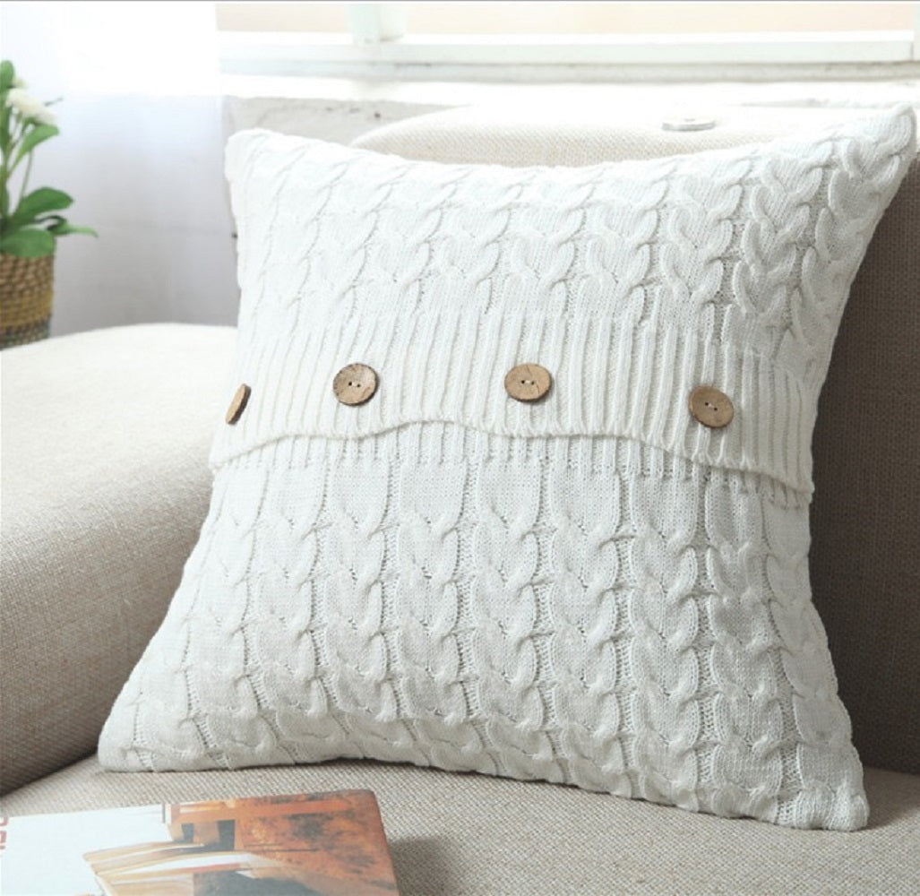 18"x18" Cable Knit Sweater-Style Throw Pillow | Wooden Button Accents | 5 Color Options + Insert Sizes