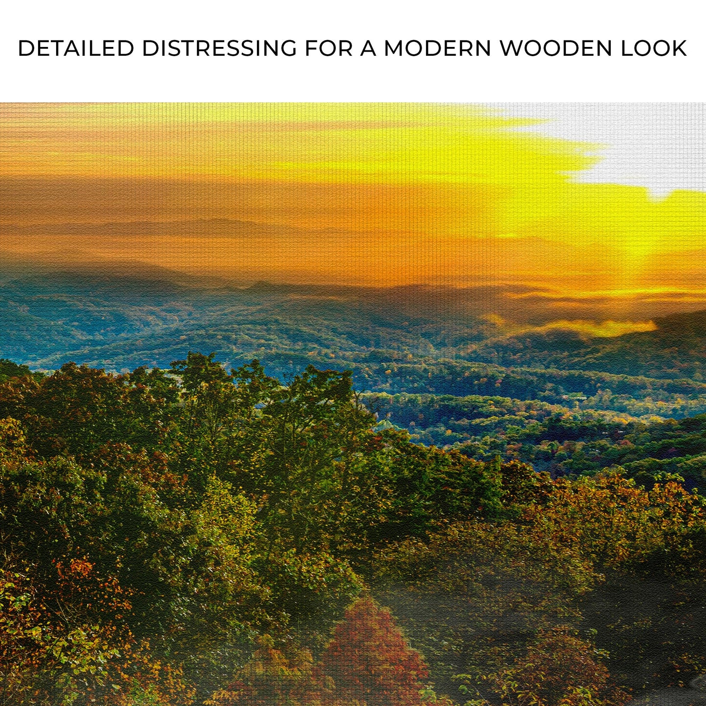 Sunset over a forest with text 'Detailed distressing for a modern wooden look'.