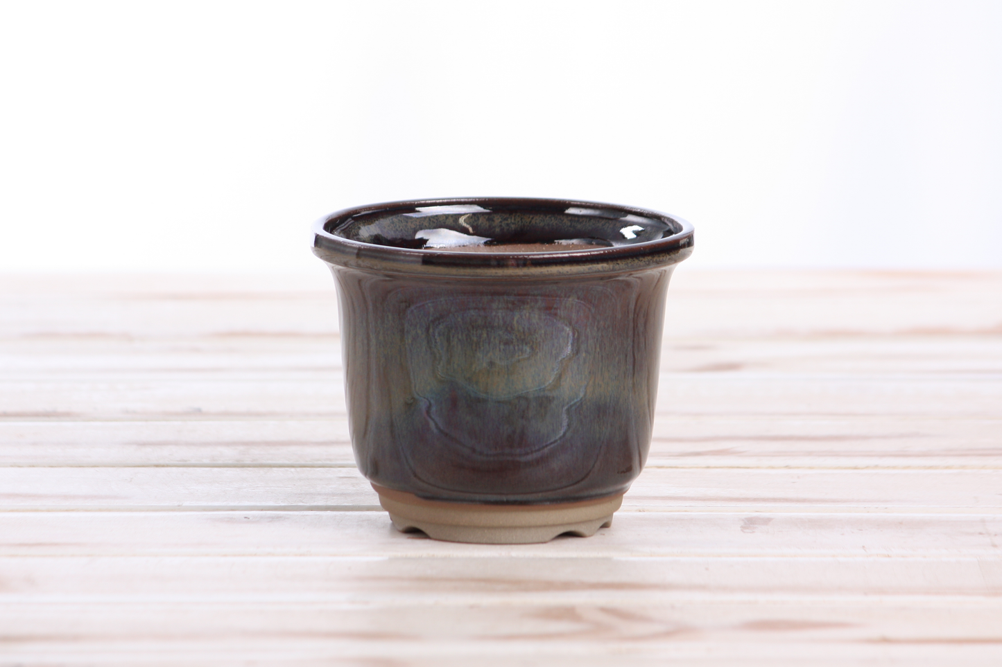 Willow Bonsai Ceramics Flute Bonsai Pot 4 Inch – Round Semi‑Cascade Ceramic Bonsai & Succulent Planter with Fluted Profile and Banded Base, High‑Fired Frost‑Proof Stoneware, Handmade in USA (Dark Honey)