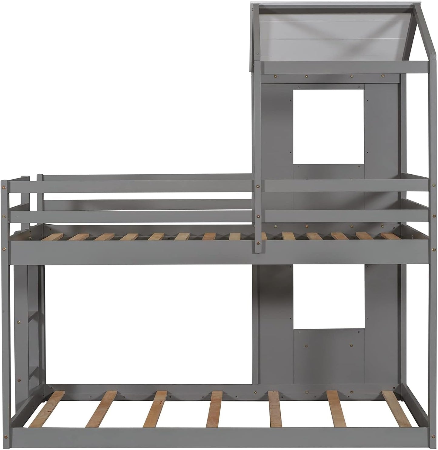 Twin Over Twin House Bunk Bed With Roof And Ladders Grey
