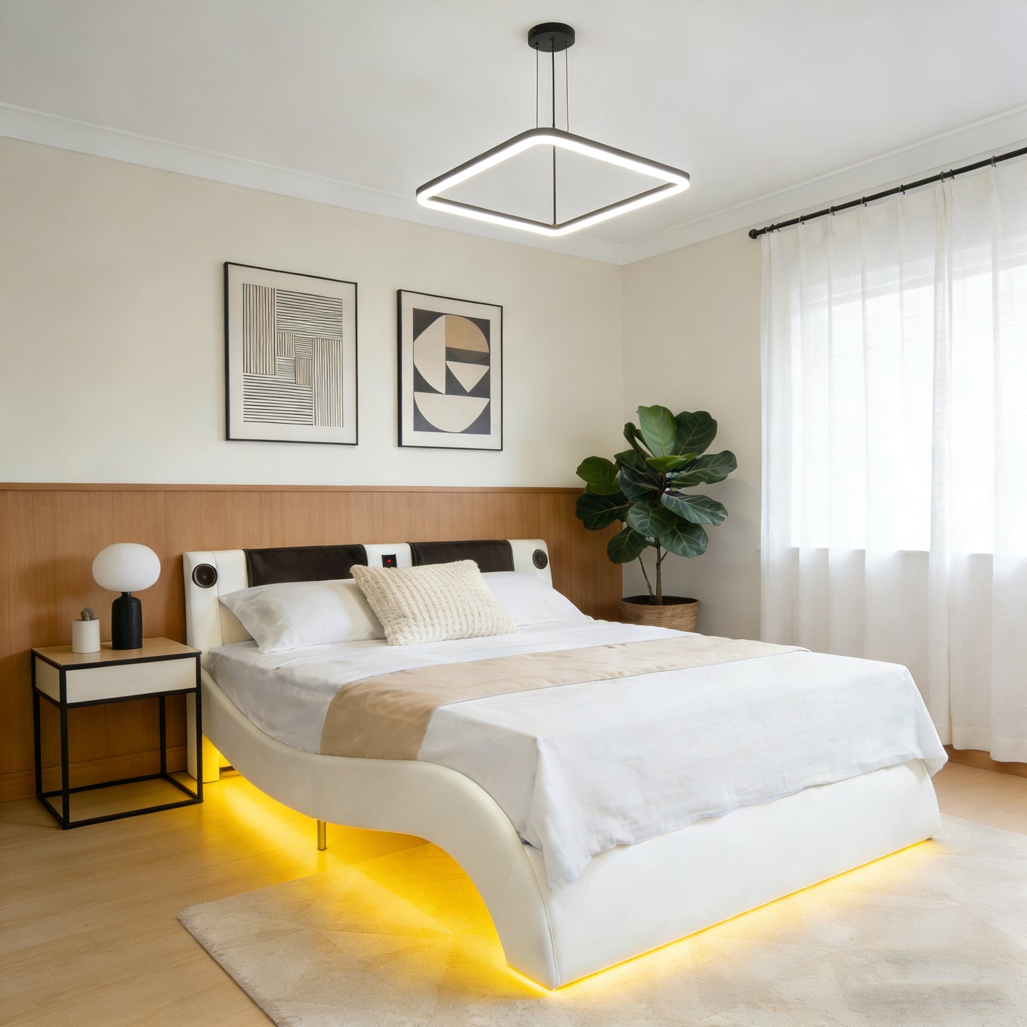 Faux Leather Upholstered Platform Bed Frame with LED Lighting