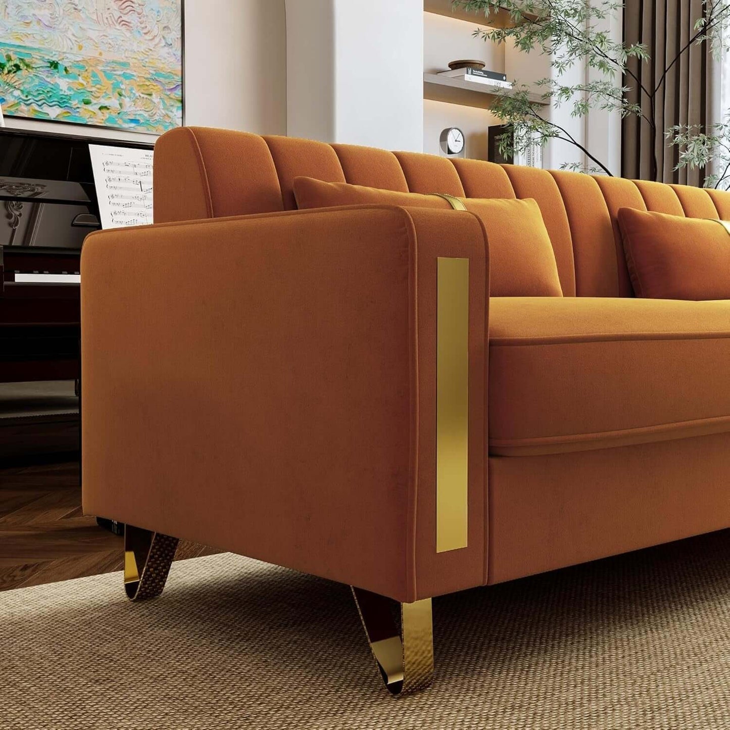 2 Piece Orange Velvet Loveseat Couch Set With Gold Metal Legs 86 Inch Living Room Sofa With 4 Pillows