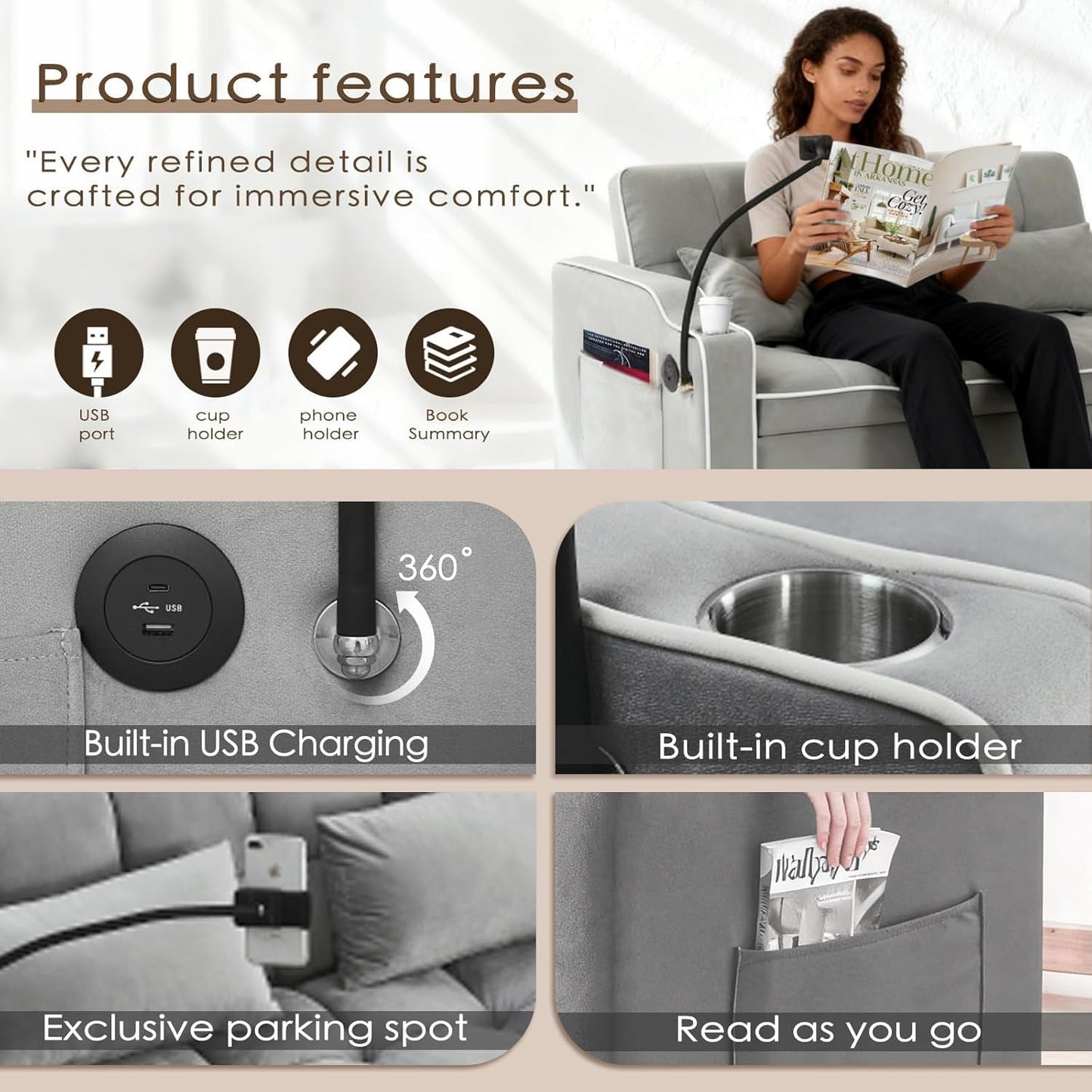 Grey Convertible Sleeper Loveseat Bed With ThreeInOne
