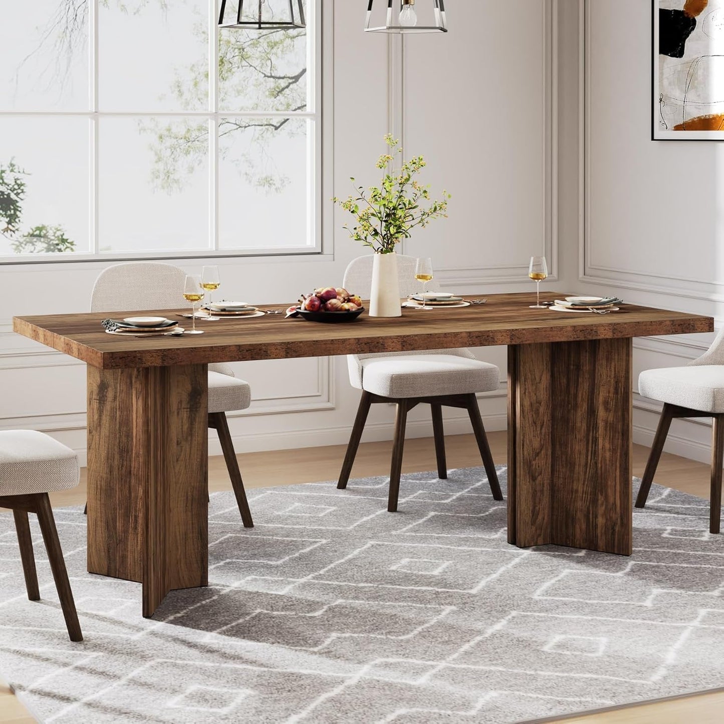 63 Inch Dark Brown Farmhouse Dining Table With Large Tabletop For 4 To 6 People
