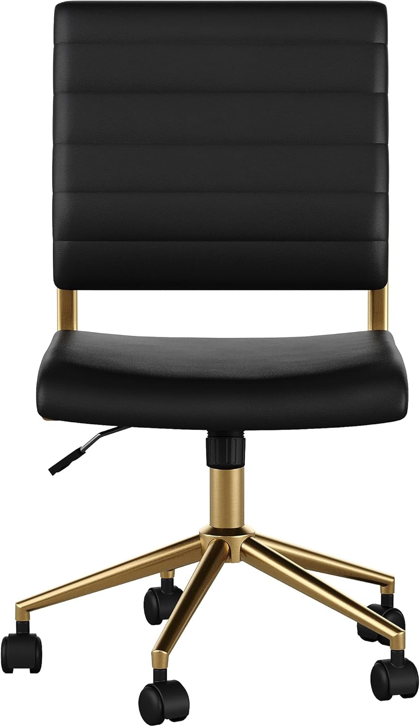 Armless Swivel Task Chair Black Faux Leather Brass Frame