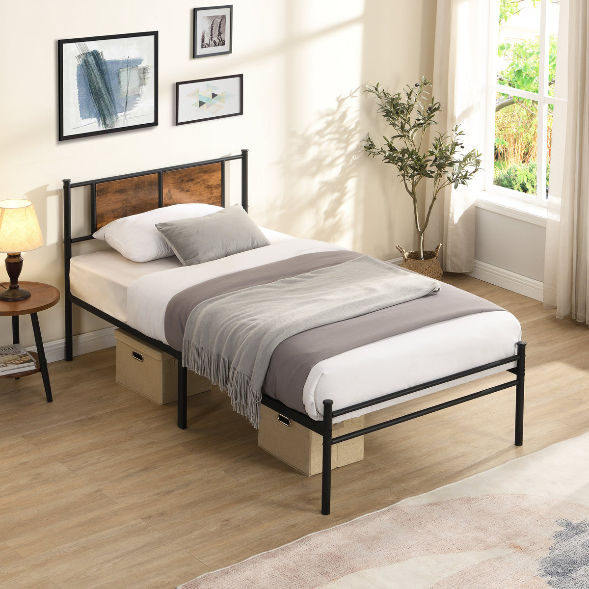 Twin Size Metal Bed Frame with Wood Panel Headboard