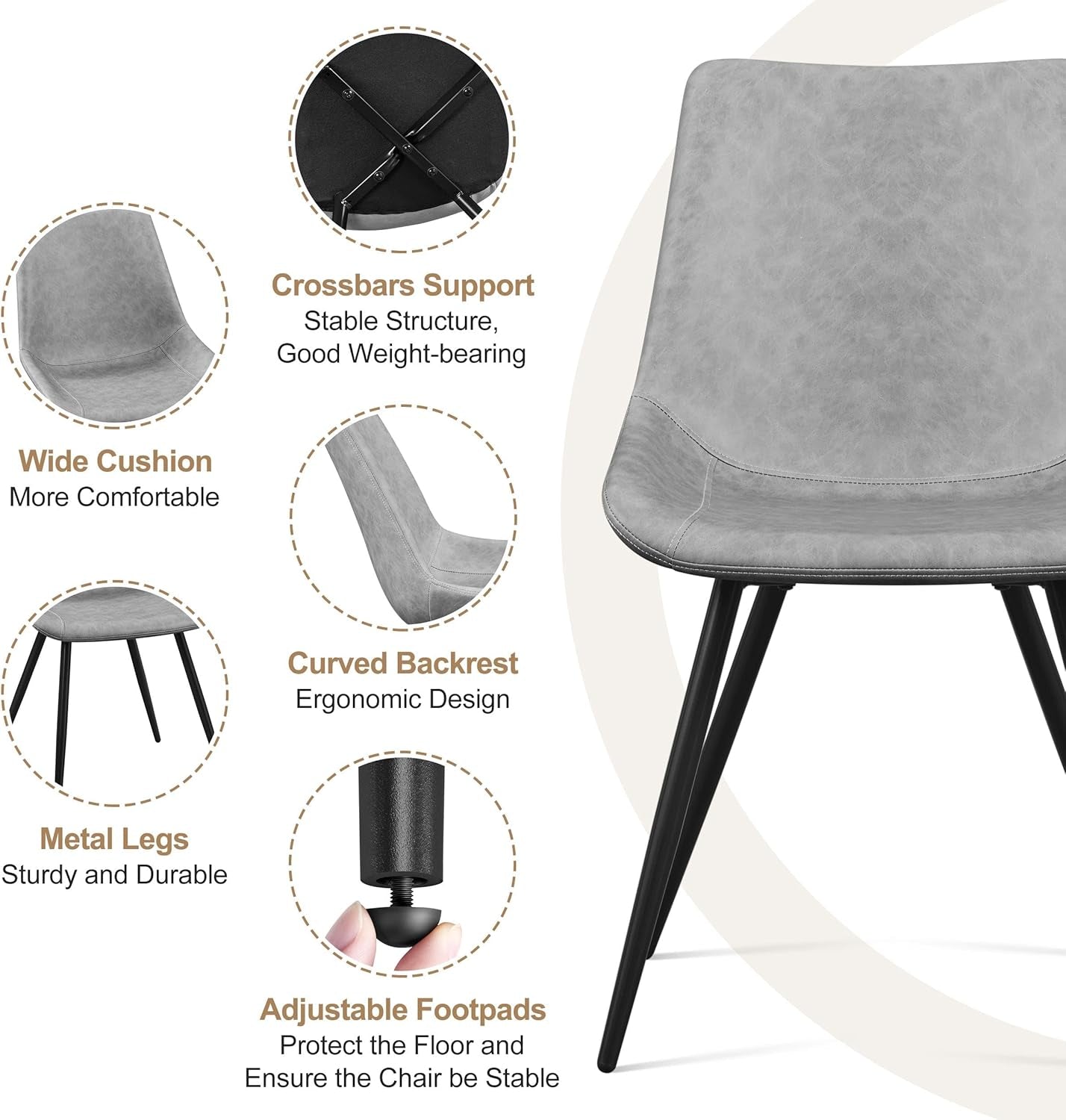 Dining Chairs Set Of 2 Grey Faux Leather With Metal Legs