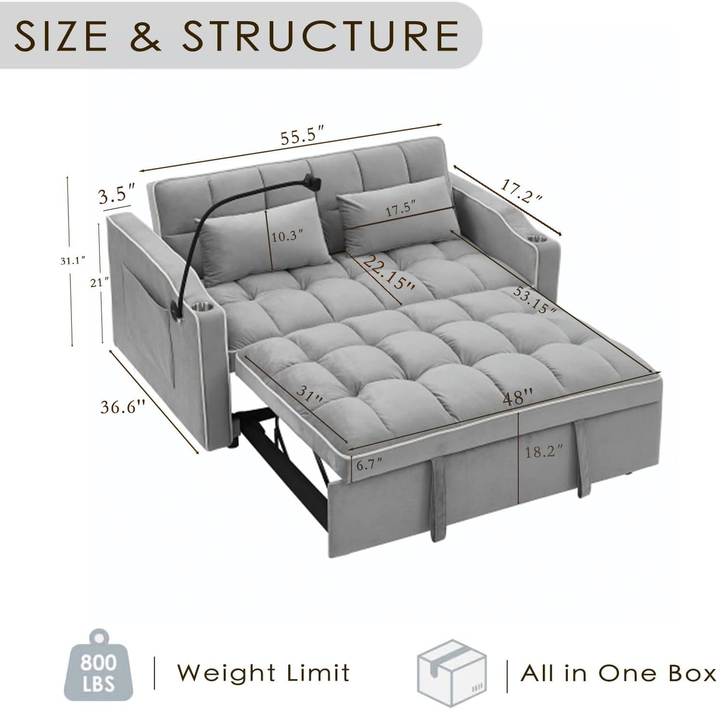 Grey Convertible Sleeper Loveseat Bed With ThreeInOne