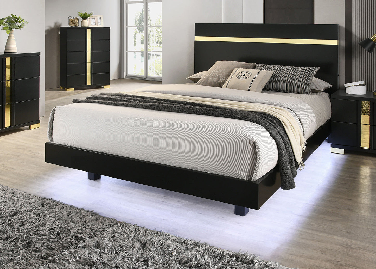 Modern Black 3pc Bedroom Set Full Size Bed w LED 2x Nightstands Mattress Ready Furniture Acrylic Trim