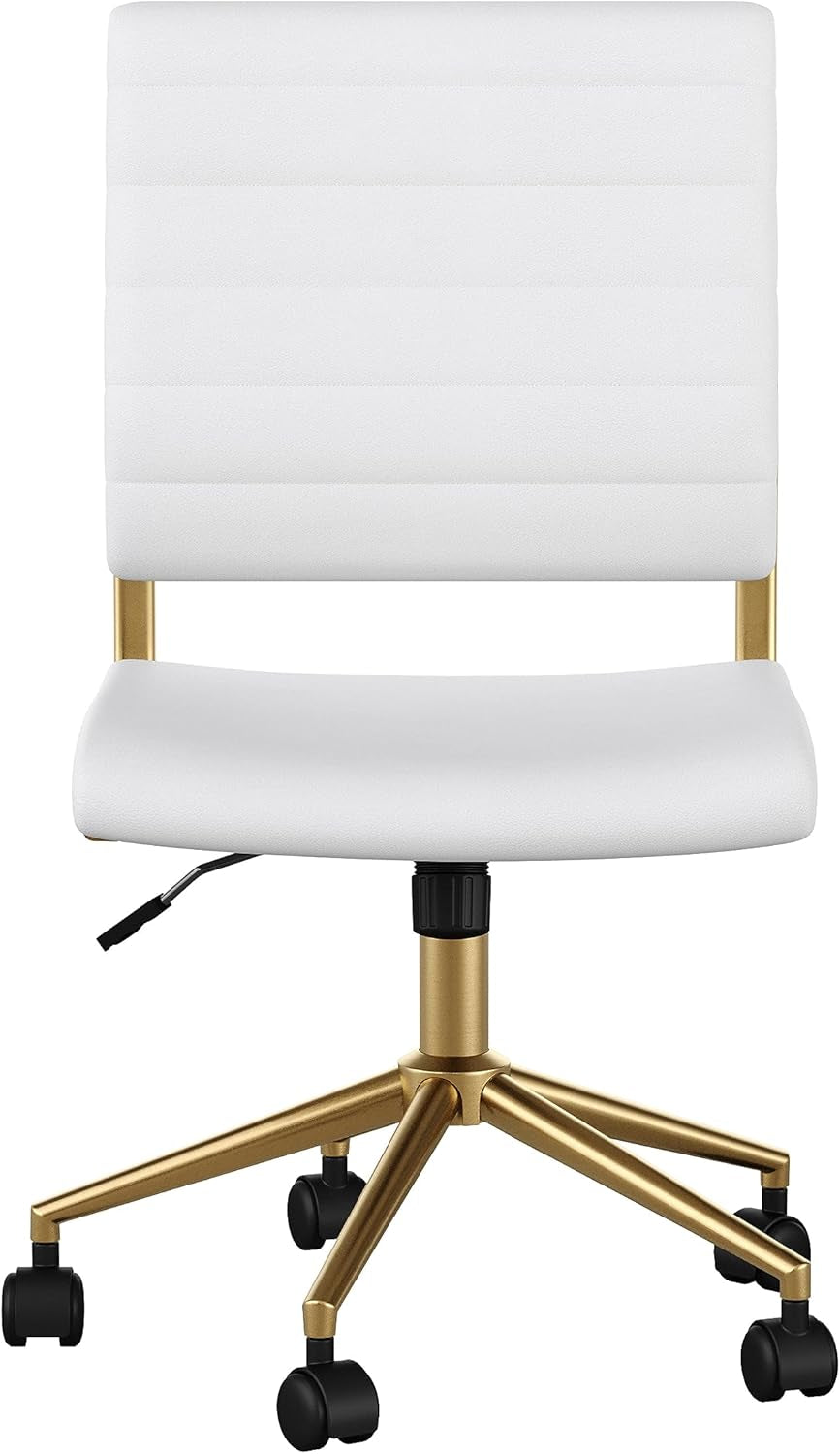 White Faux Leather Armless Swivel Chair Brass Frame