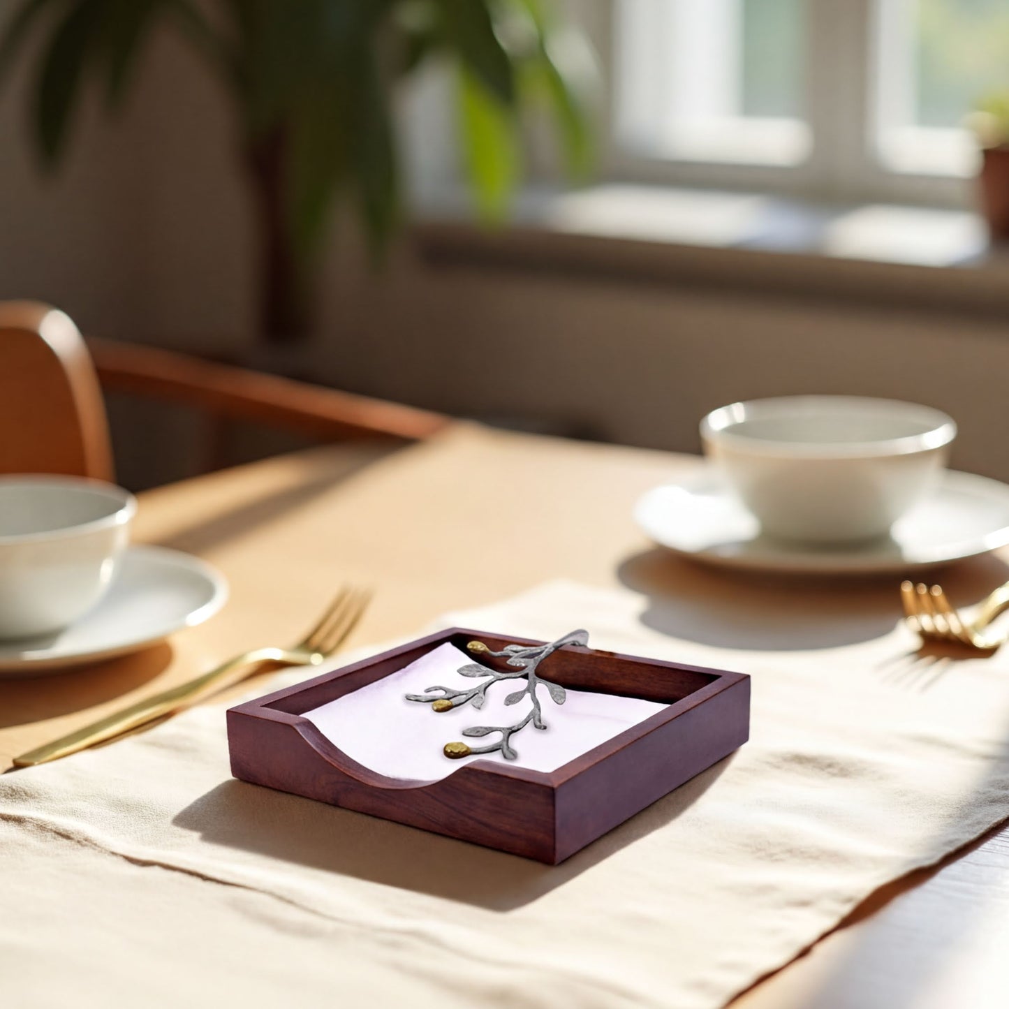 Wood Napkin Holder – Decorative Wooden Kitchen Napkin Holder with Silver Gold Finish