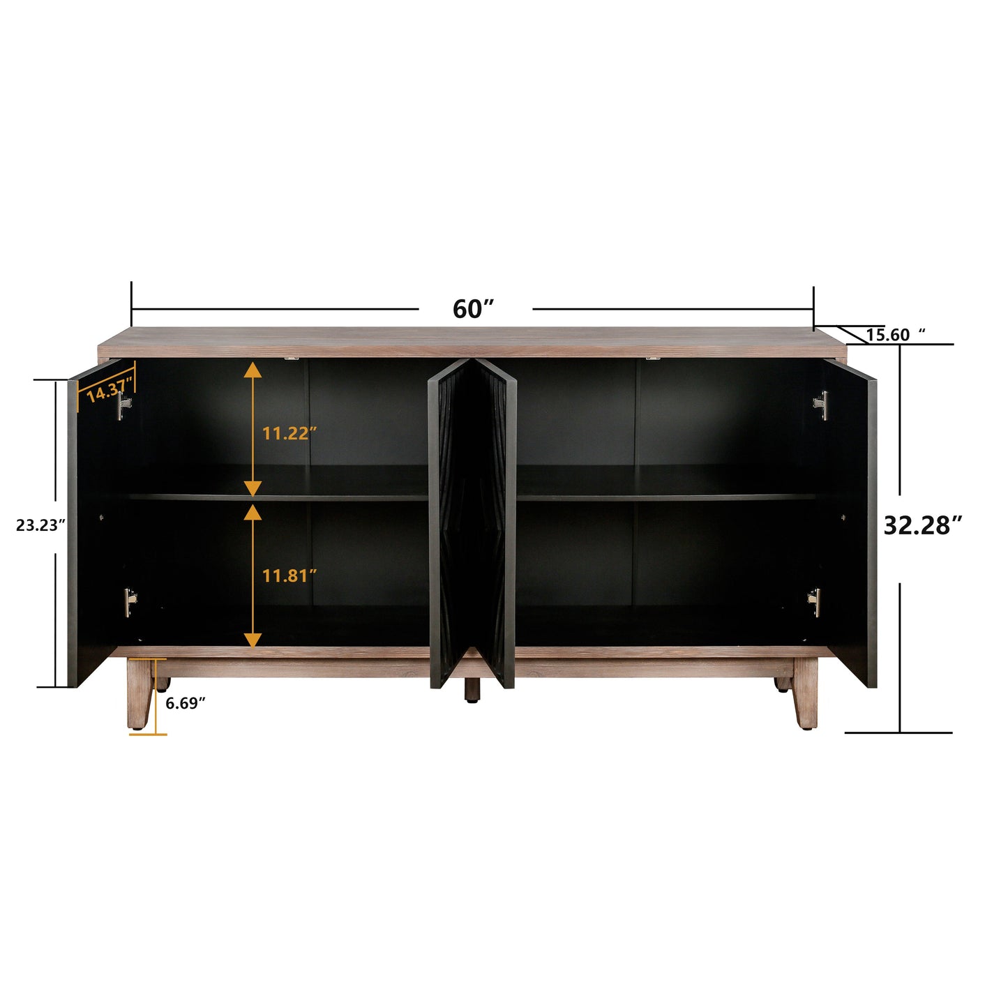 Mid Century Sideboard Buffet Cabinet with Solid Wood Legs 60" Kitchen Storage Cabinet Credenza with 4 Convex pattern diamond Doors and 2 Shelves Accent Console Table for Living Room Entrance Hall etc