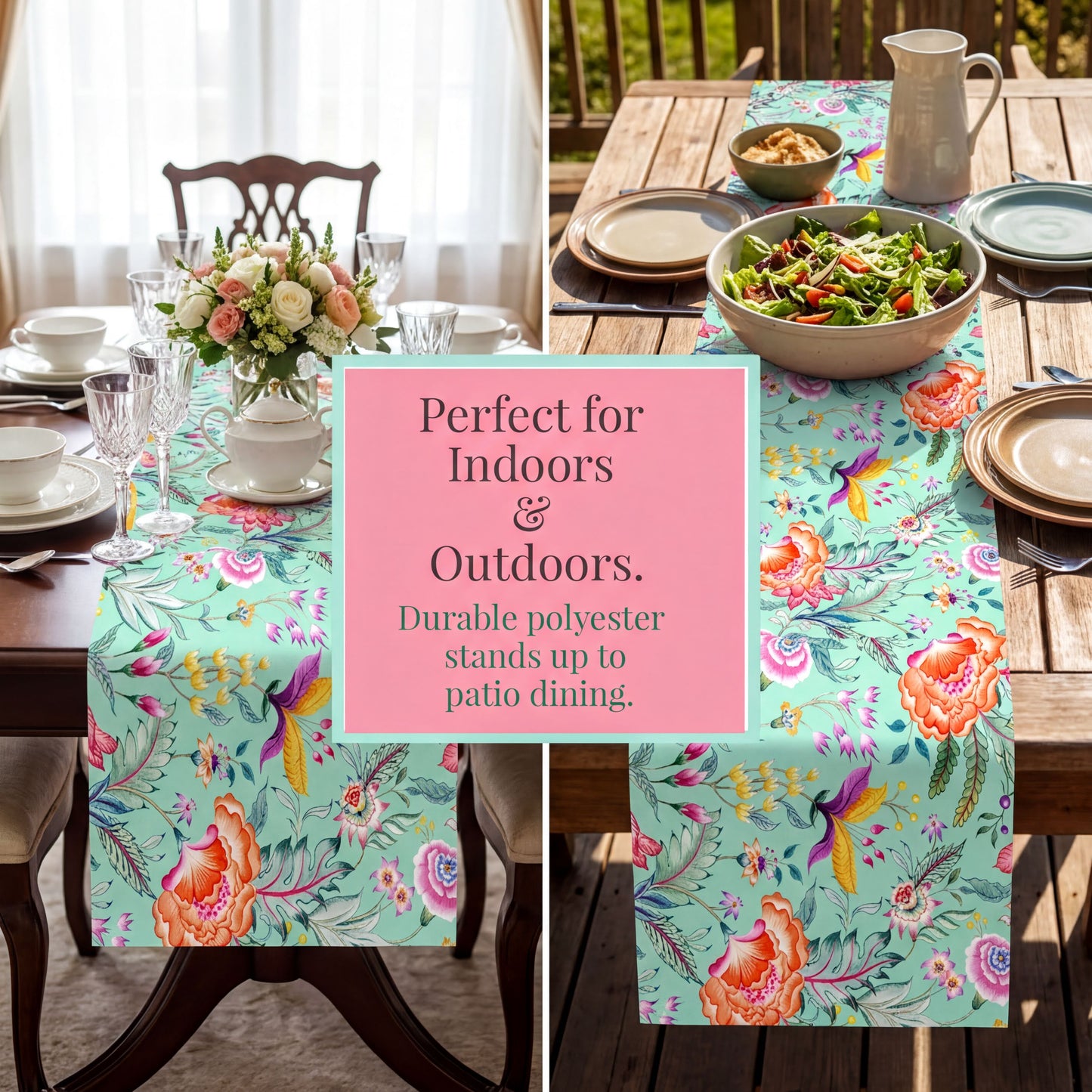 Printed Table Runner - Chintz Floral Print Green Pink, Elegant Dining Decor