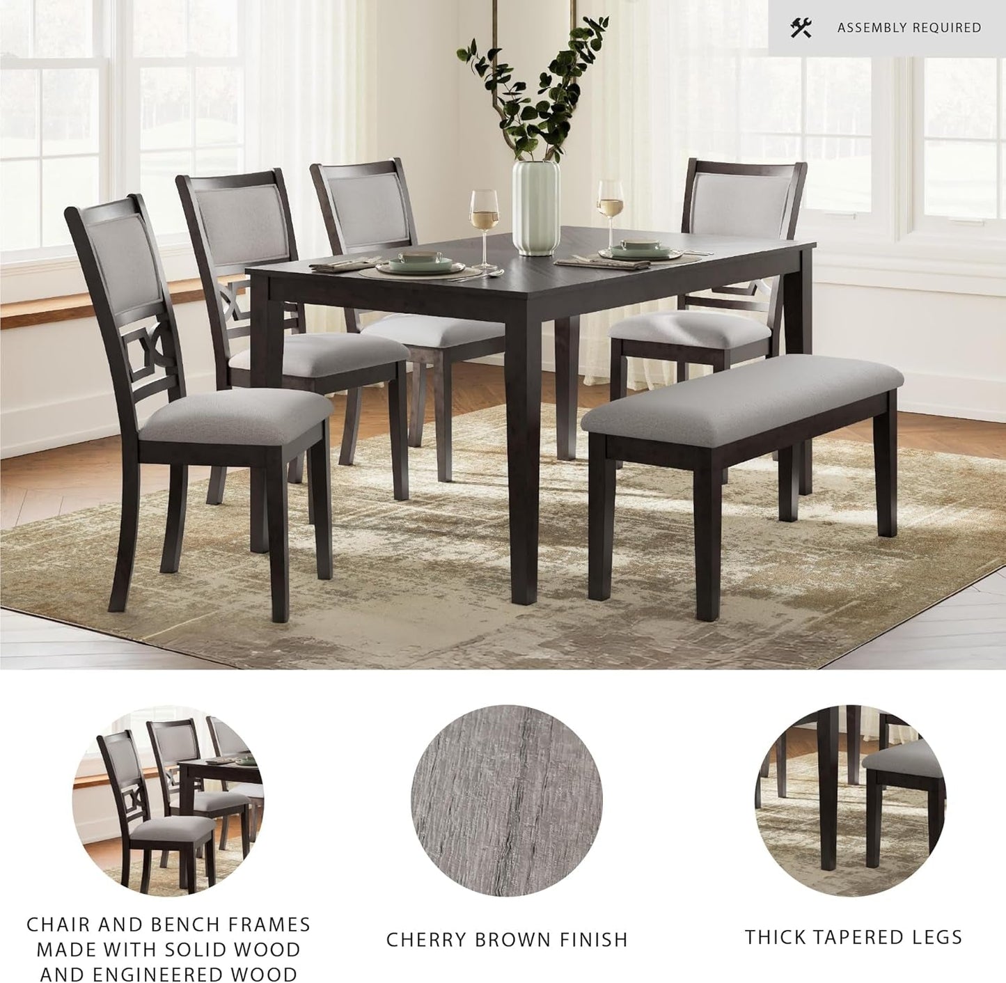 Cherry Brown Transitional Table Set Cushioned Chairs