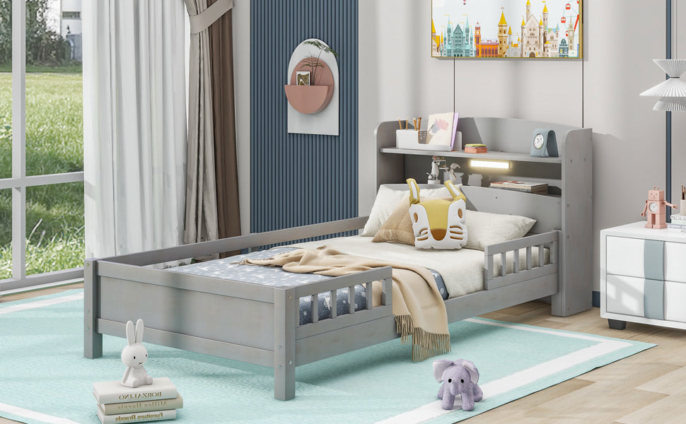 Wood Twin Size Platform Bed with Built-in LED Light, Storage Headboard and Guardrail, Antique