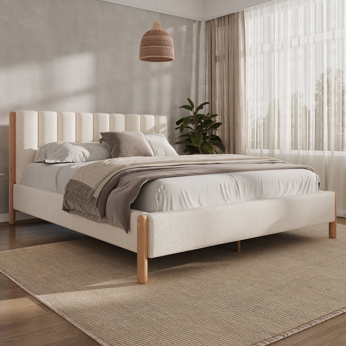 Queen Size Bed Frame with Boucle Upholstered Thick Headboard, Solid Wooden Legs, White