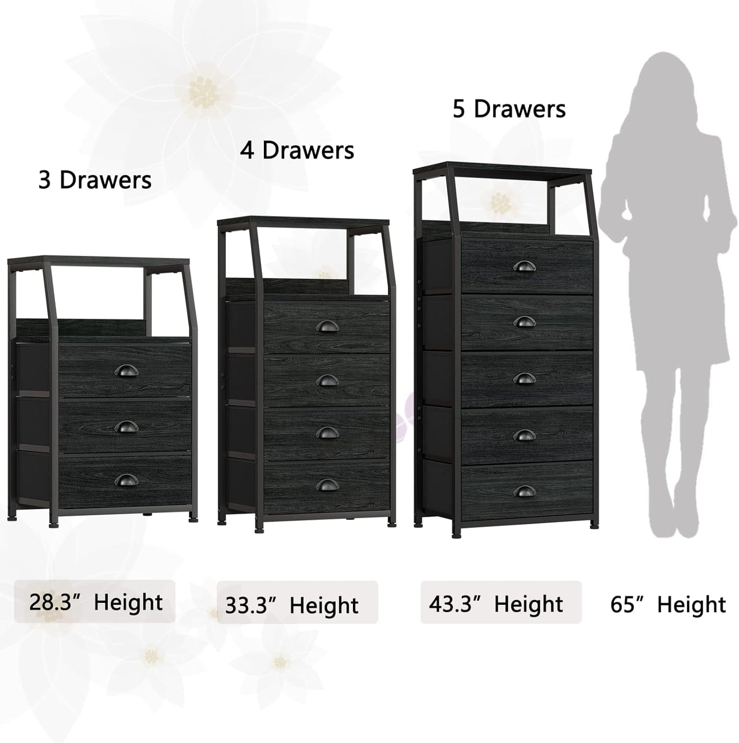 Black Night Stand With 3 Fabric Drawers And 2 Tier Shelf