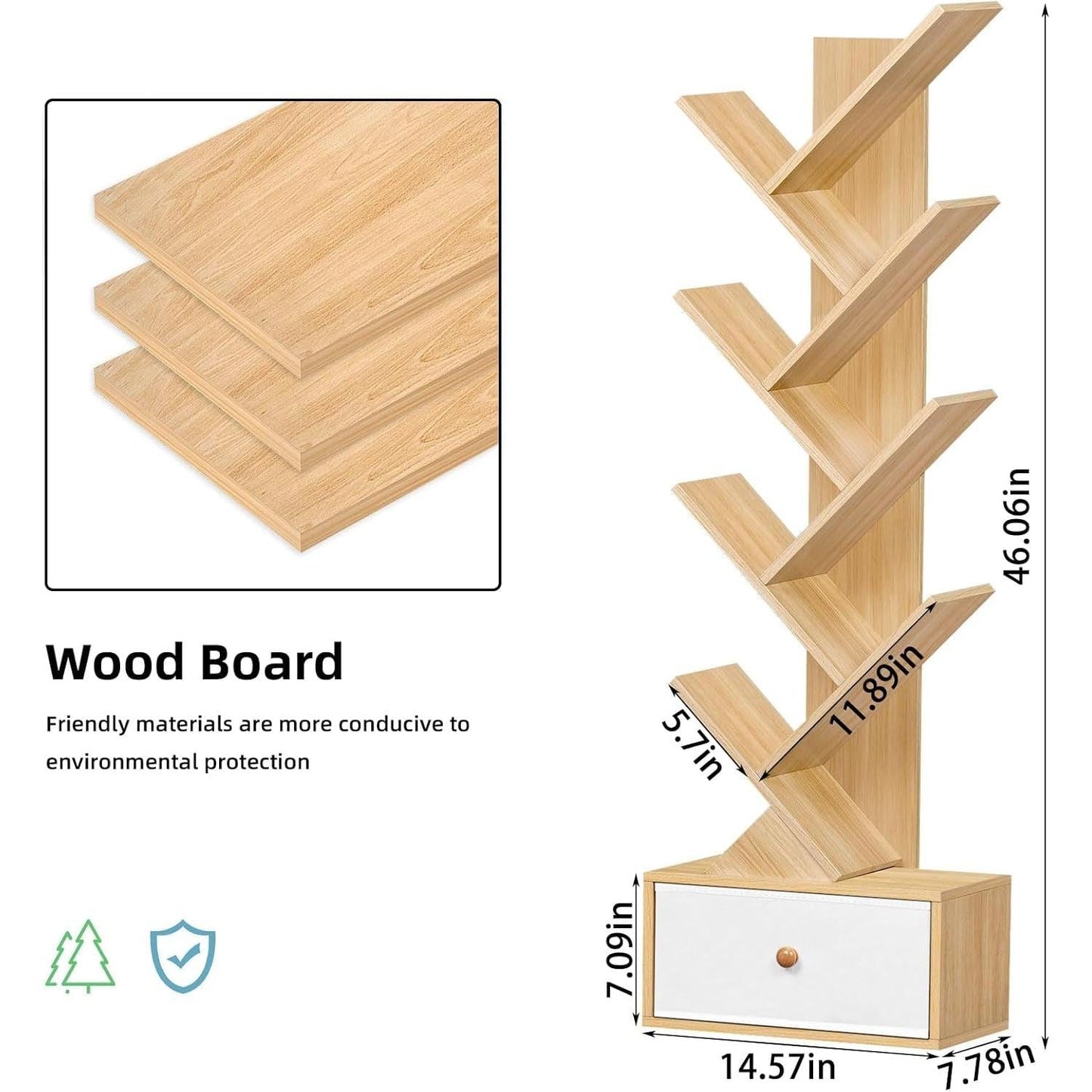 8 Tier Tree Bookshelf With Drawer Natural Wood Bookcase