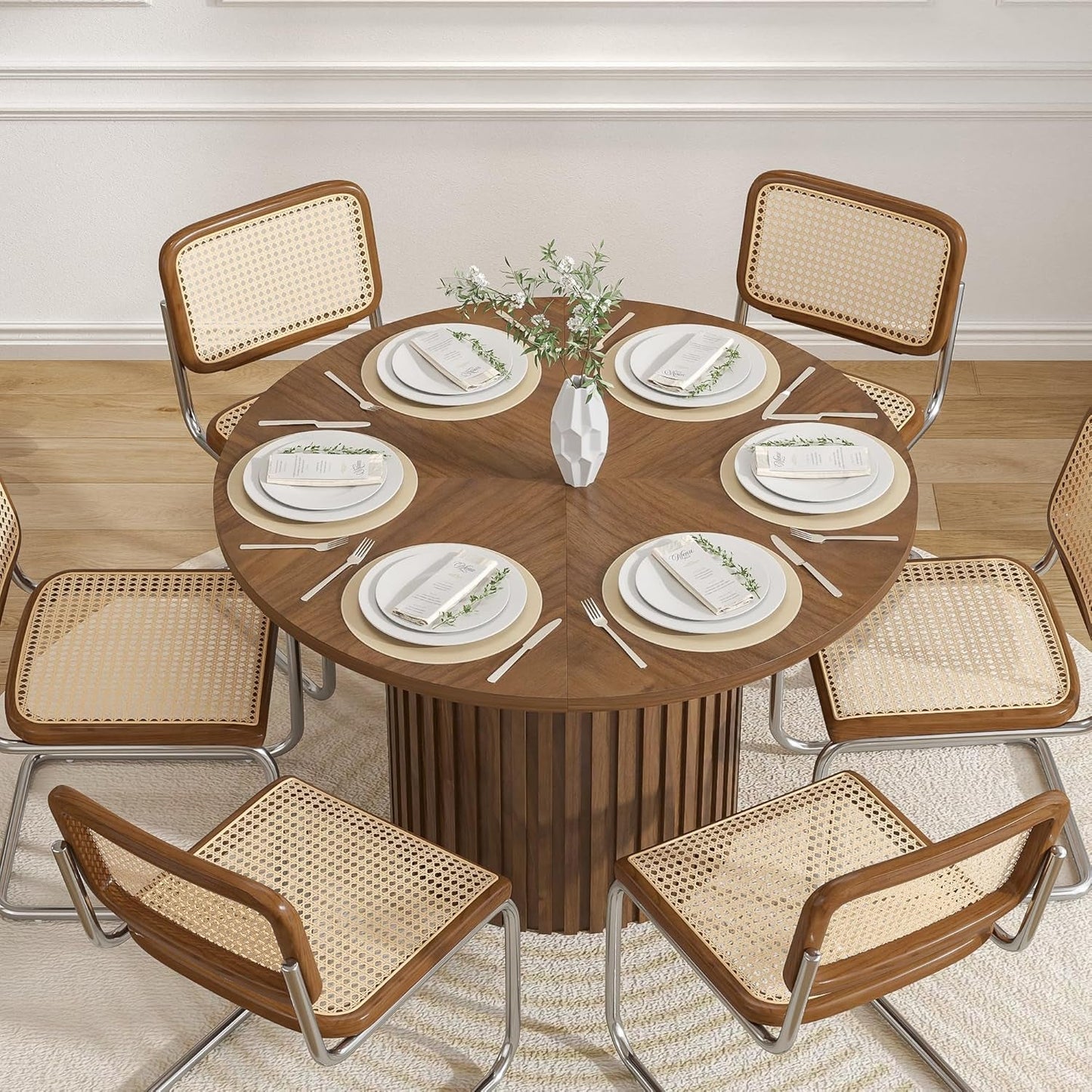 Round Walnut Dining Table 47 Inch With Wood Strip Base