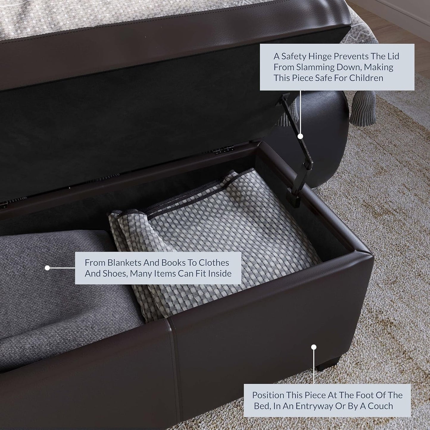 47 Inch DarkBrown Leatherette Storage Ottoman Bench