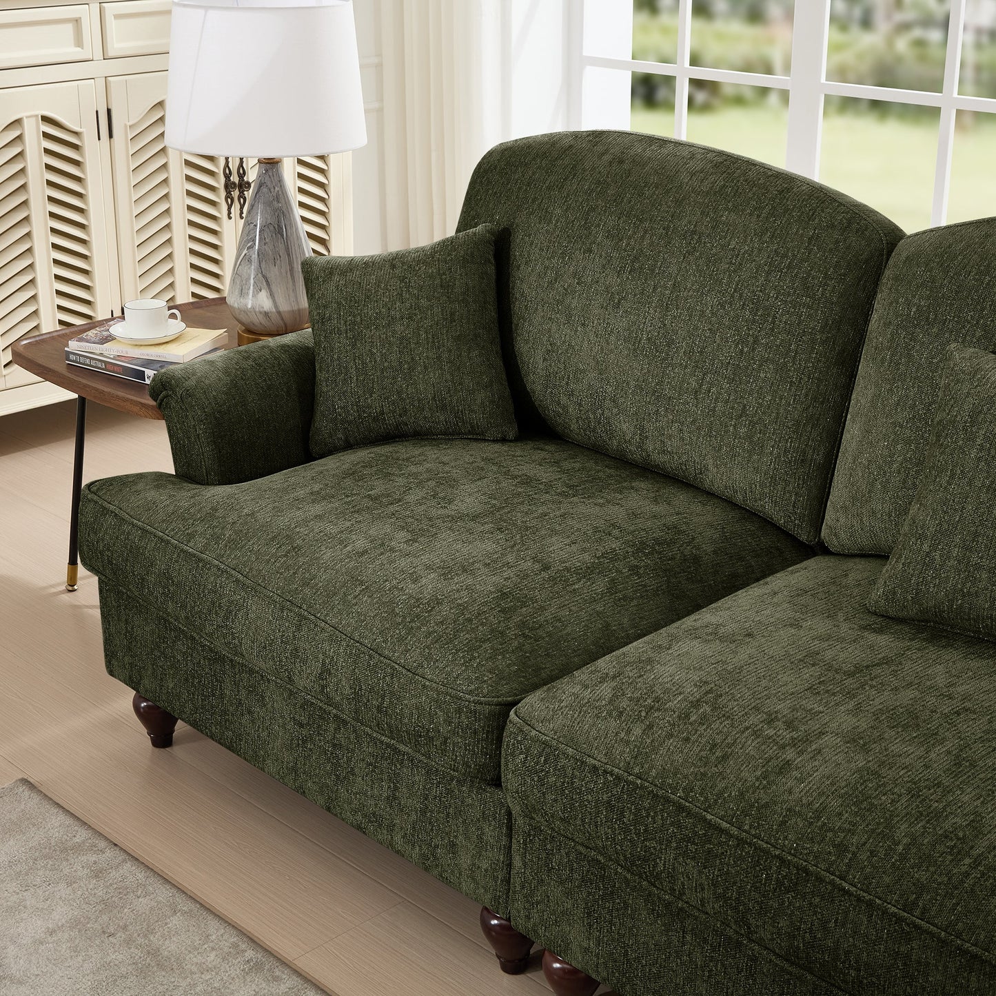 Classic Three Seater Modular L Shaped Sectional Couch with Flared Arms and Removable Ruffles Pleats Skirts and Spindle Legs, Comfy Chenille Four-Seat Deep Seat Sofa with Movable Ottoman, Green
