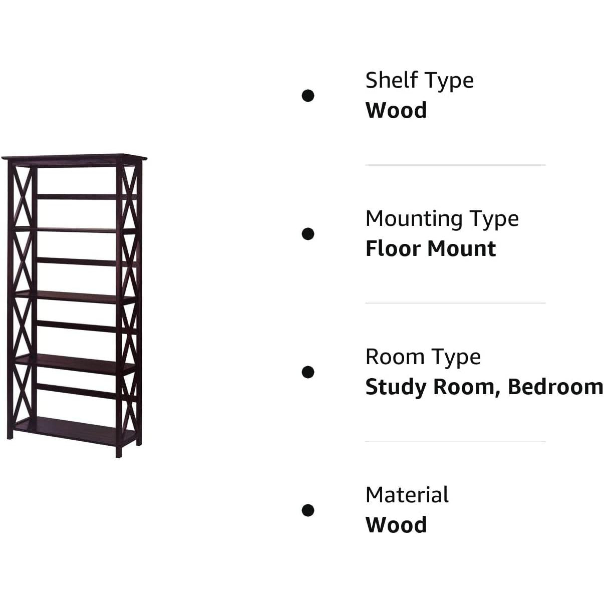 Espresso Montego Five Shelf Bookcase With X Design