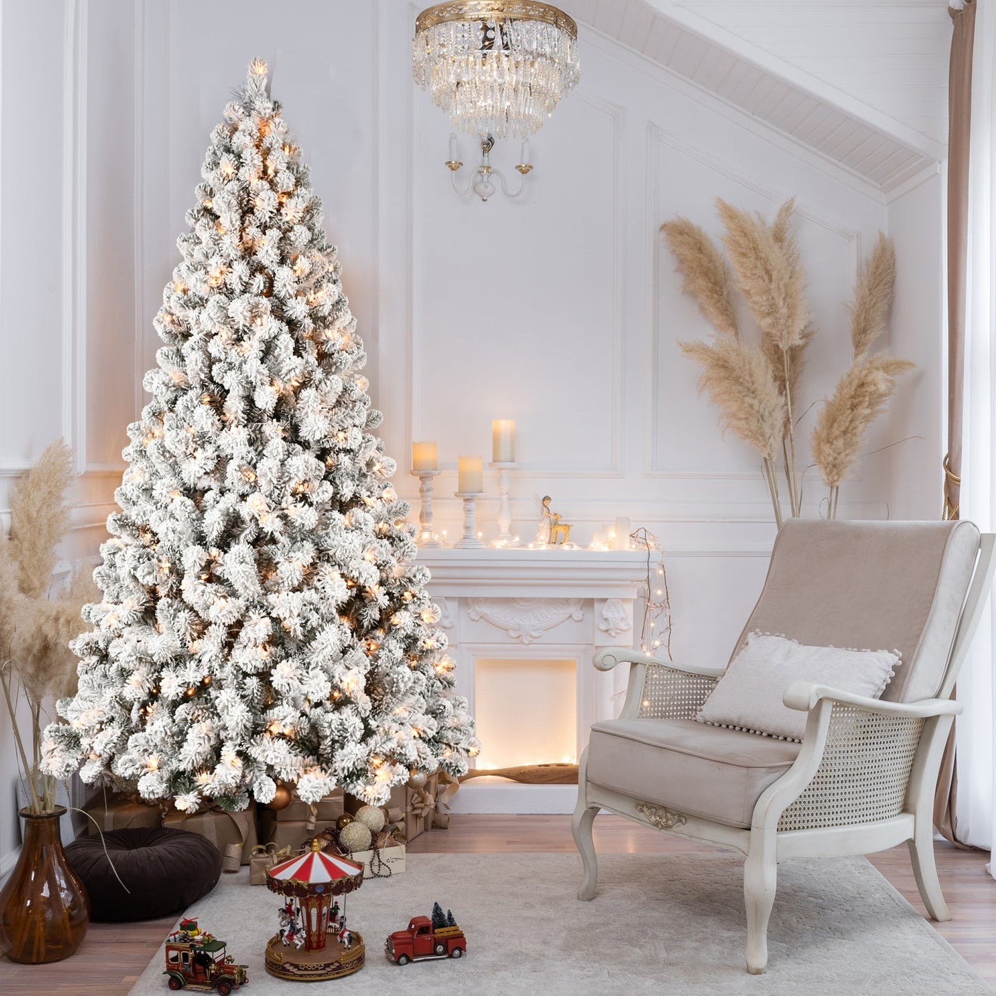 9ft Flocked Pre-Lit Christmas Tree with 650 UL Warm Lights