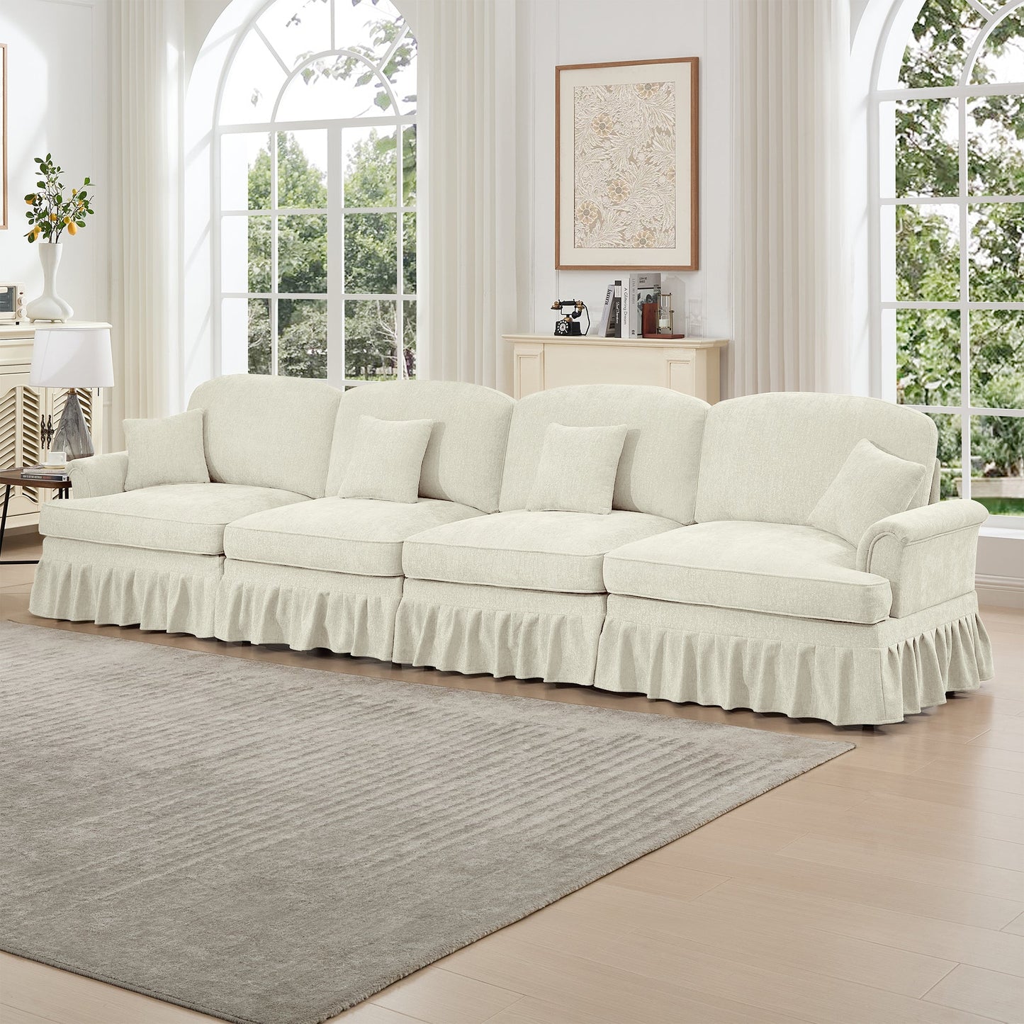 Elegant Mid Century Large 4 Seater Sofa Couch with Flared Arms and Removable Ruffles Pleats Skirts and Spindle Legs, Comfy Chenille Four-Seat Sofa for Living Room, Beige White