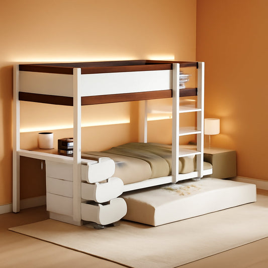 Twin Over Twin Bunk Bed With Desk USB Ports White Walnut