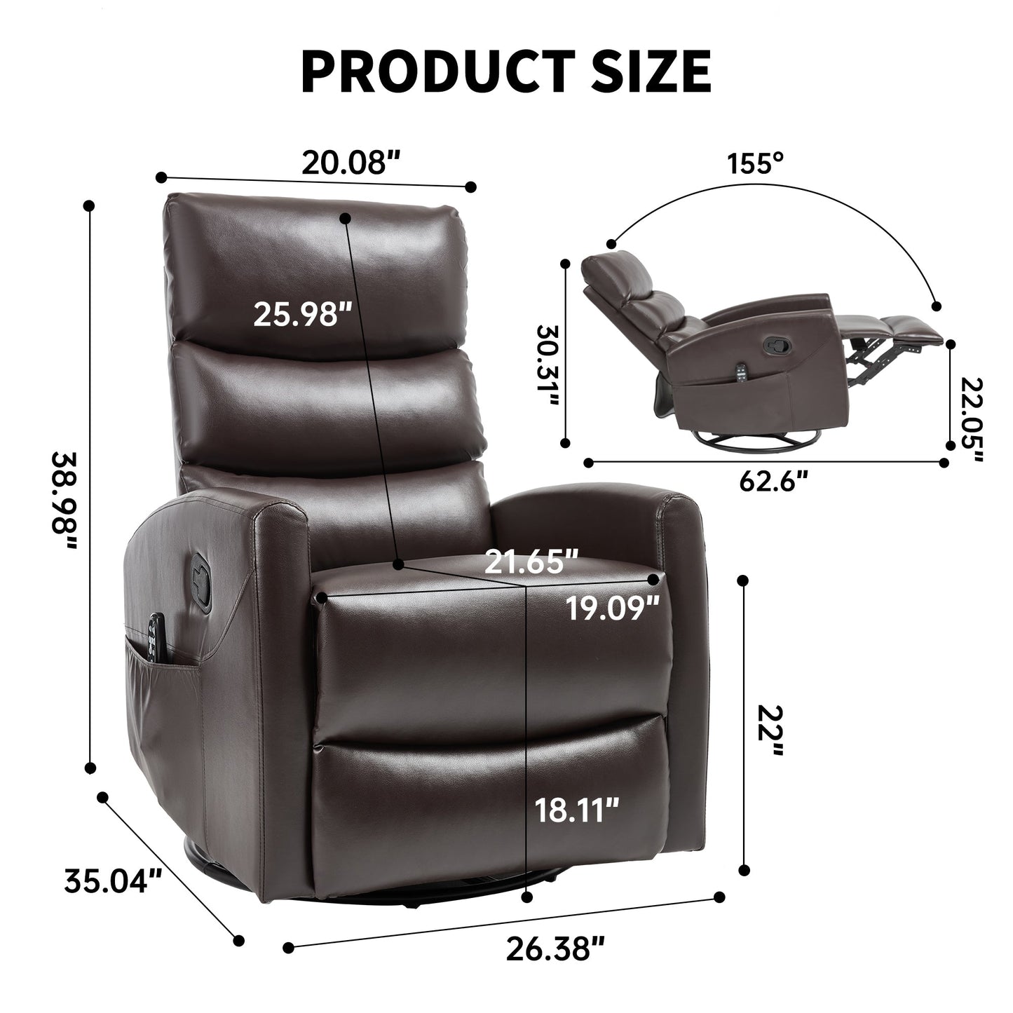 Heat Massage Manual Recliner Chair with Rocker and Swivel in Fabric for Living Room, Brown