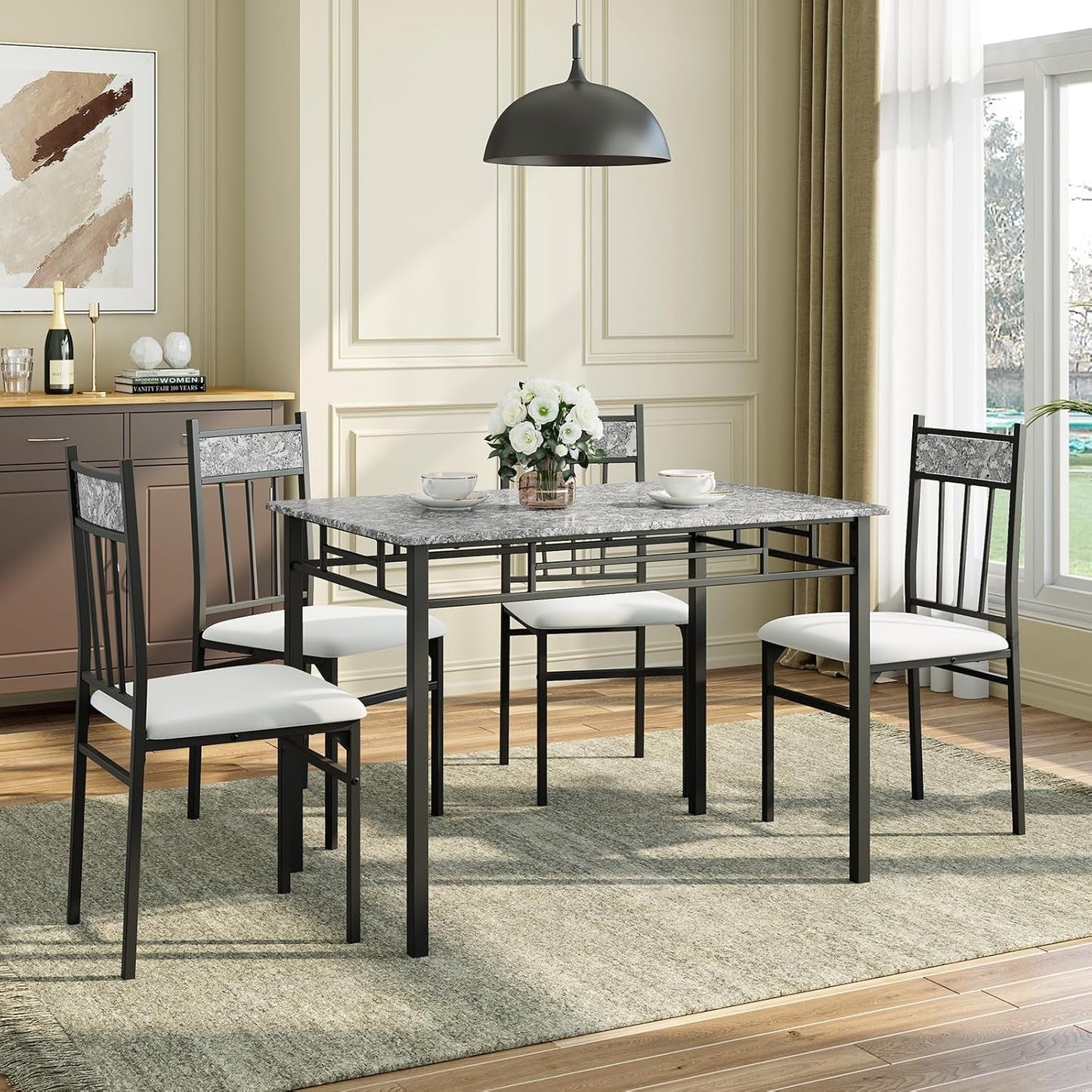 Grey Faux Marble Dining Table Set For 4 With Padded Chairs