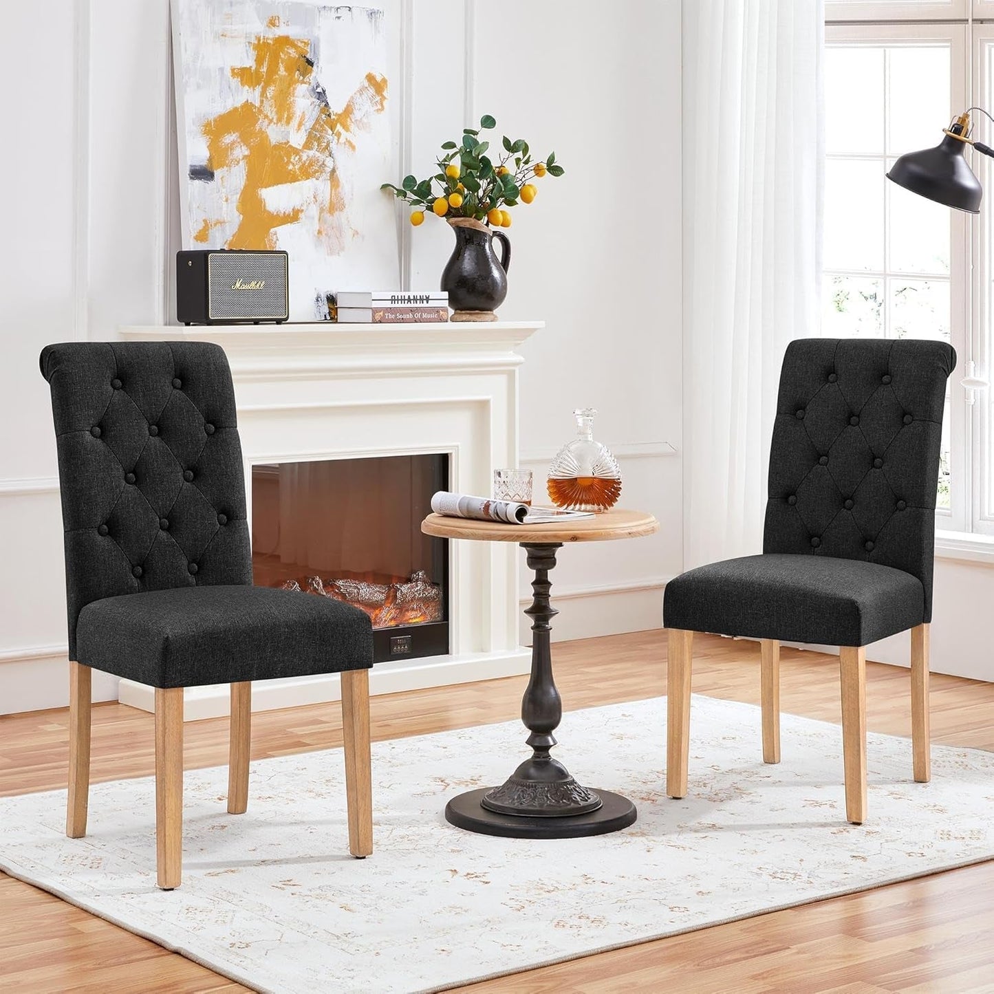 Tufted Upholstered Dining Chair Pair With Solid Wood Legs Black